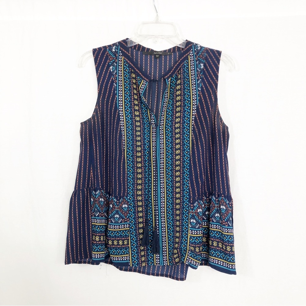 Fun 2 Fun Boho Sleeveless Tassel Top, Size Small, Blue